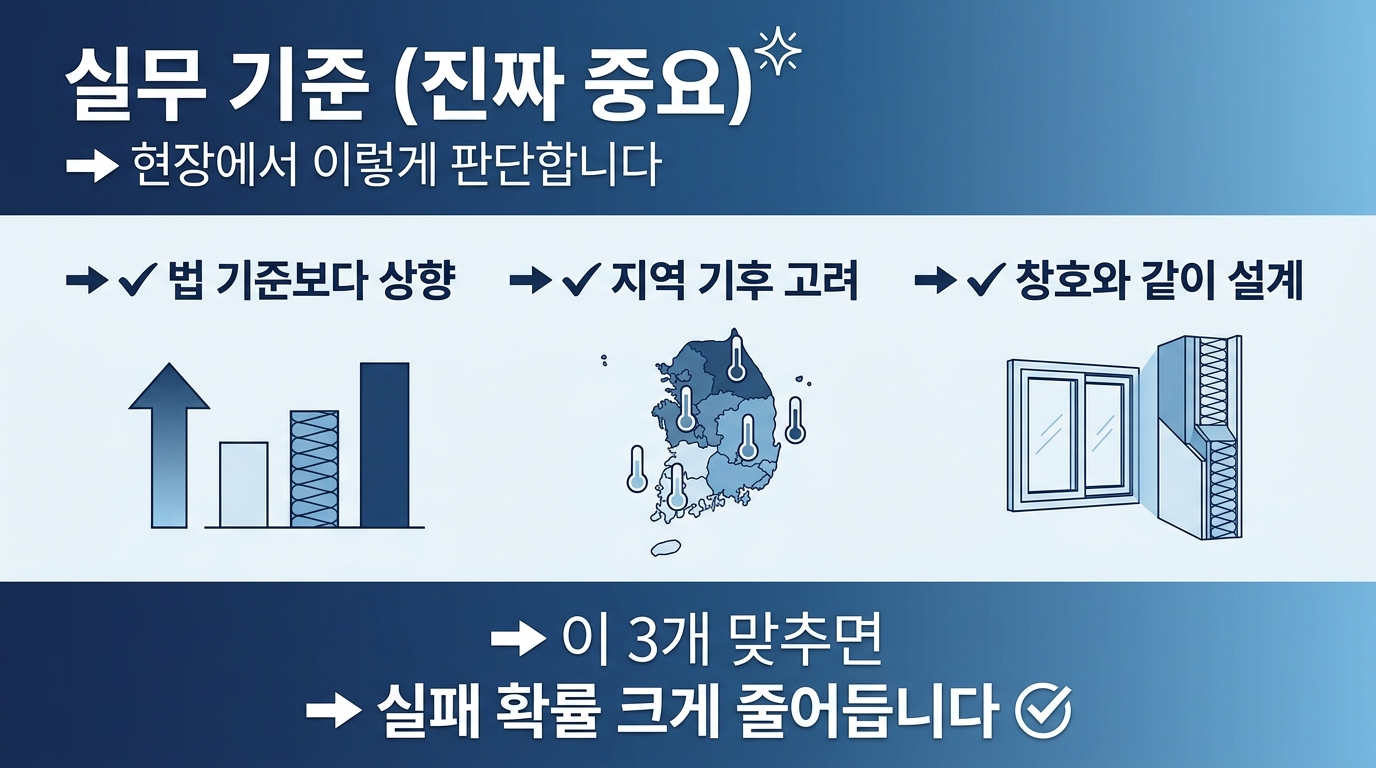 실무기준에서 법기준보다 상향, 지역기후 고려, 창호와 같이 설계
