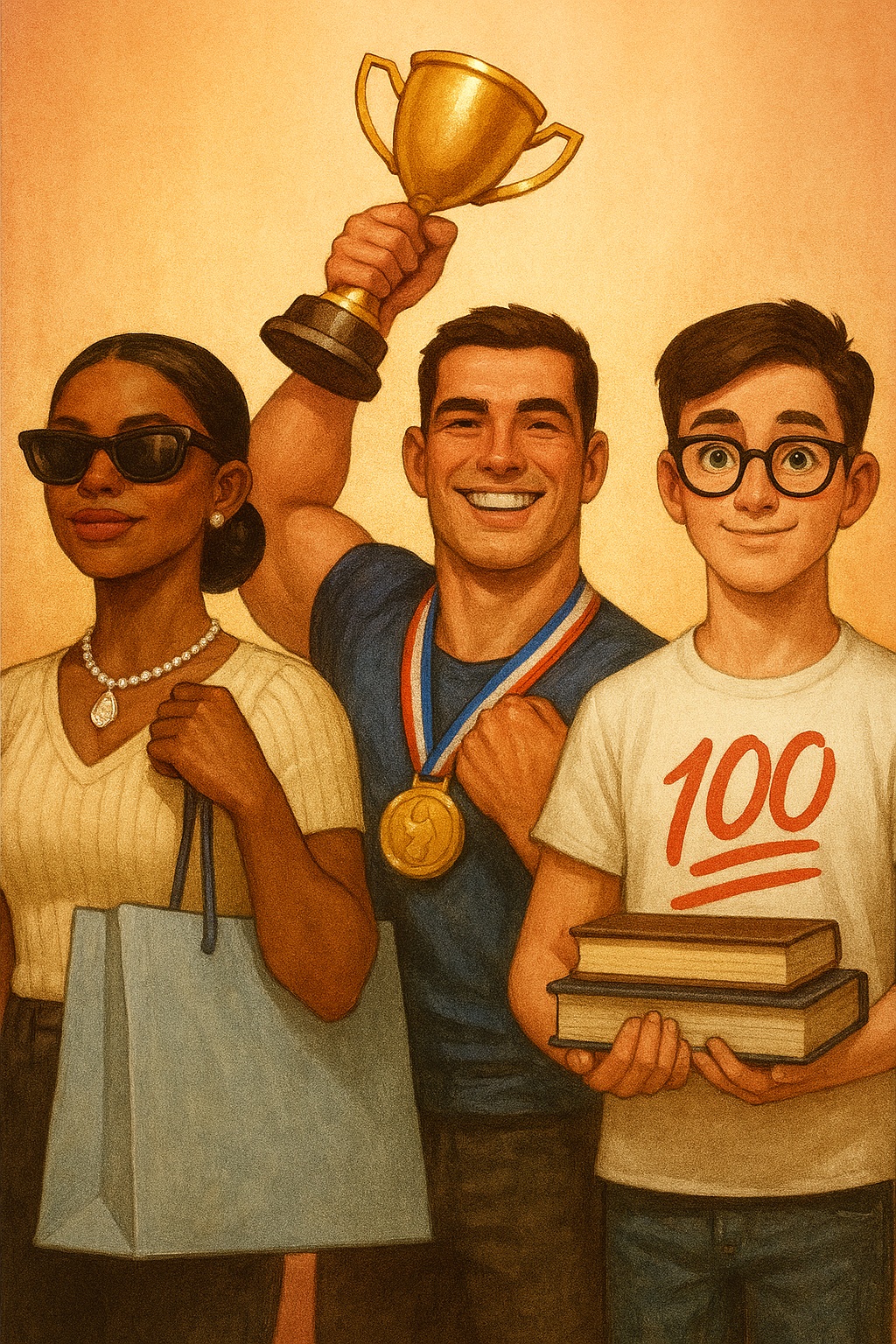 선글라스를 낀 여자와 트로피를 들고 있는 운동광, 100점 만점 티셔츠를 입고 있는 모범생이 그려진 일러스트