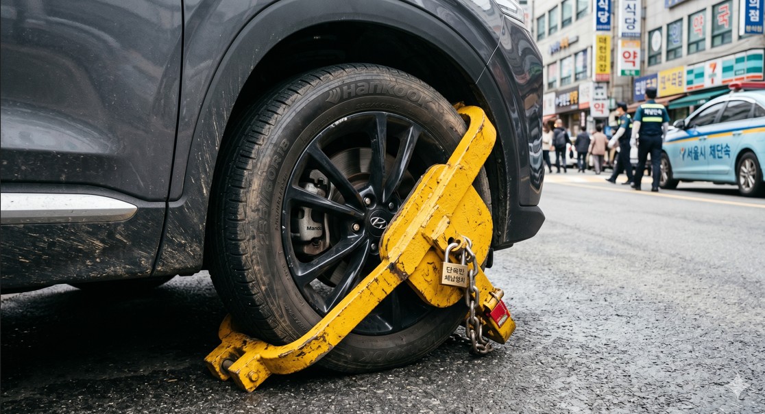 자동차 바퀴에 노란색 족쇄가 채워져 있는 클로즈업 이미지, 전문적인 질감