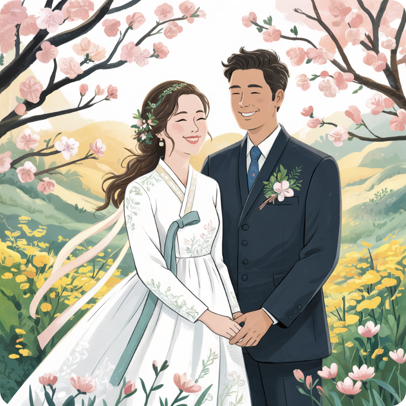 결혼식을 사진을 찍는 부부의 행복한 이미지