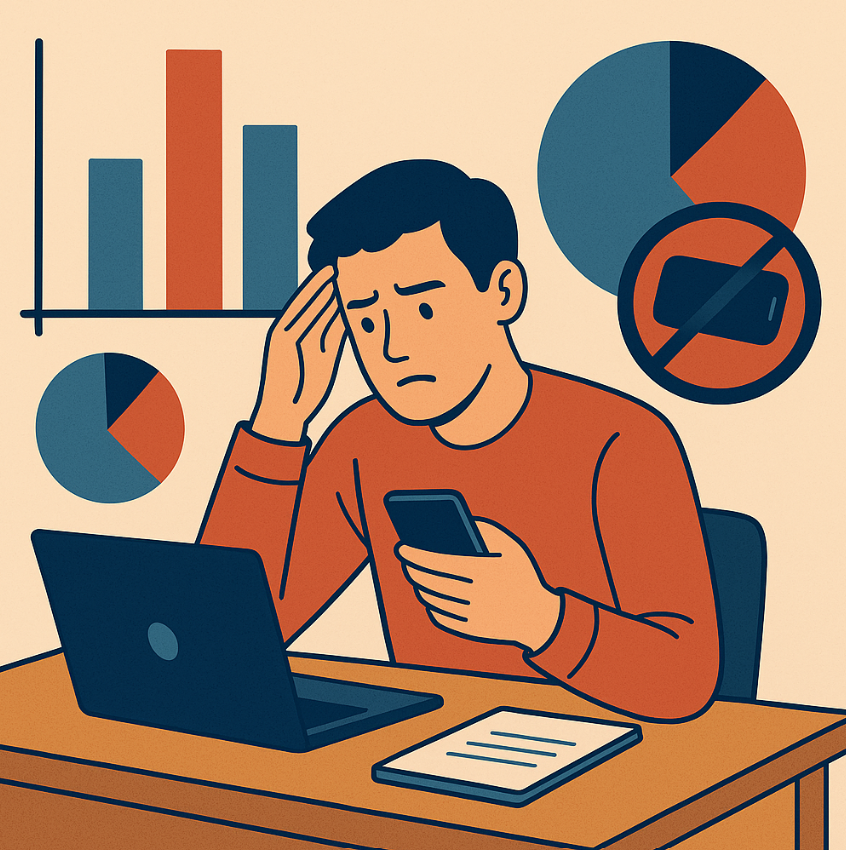 노트북 앞에 앉은 젊은 남성이 피로한 표정으로 스마트폰을 바라보고 있으며 디지털 과의존과 혼란스러운 정신 상태를 시각적으로 보여주는 일러스트
