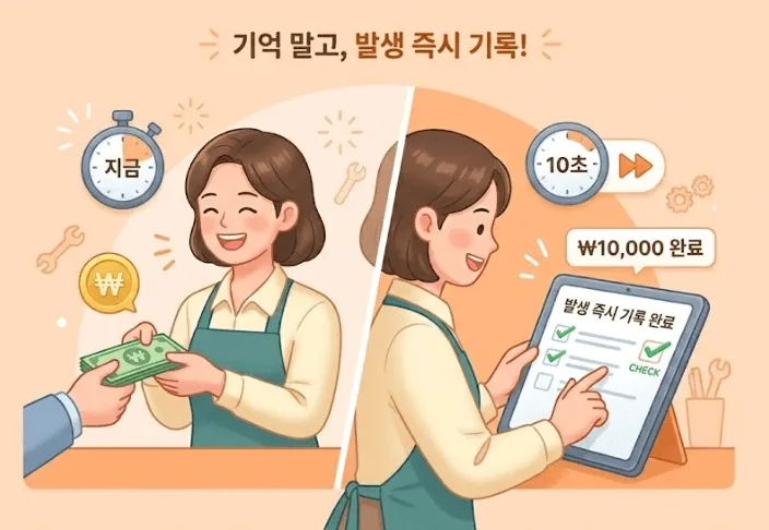 현금거래 많은 업종 장부정리: 거래가 발생하는 순간&amp;#44; 사장님이 기억에 의존하지 않고 태블릿에 금액을 즉시 기록하는 모습을 담은 이미지. 밝은 주황색 배경에 현금 수납과 디지털 기록이 동시에 일어나는 &amp;#39;즉시 기록(Immediate Record)&amp;#39; 원칙을 강조한 블로그 보조 이미지 