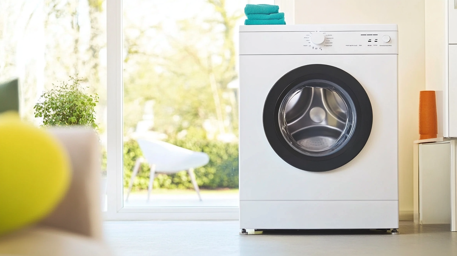 세련되고 현대적인 디자인의 통돌이 세탁기가 밝고 현대적인 집안 인테리어에 배치되어 있는 모습