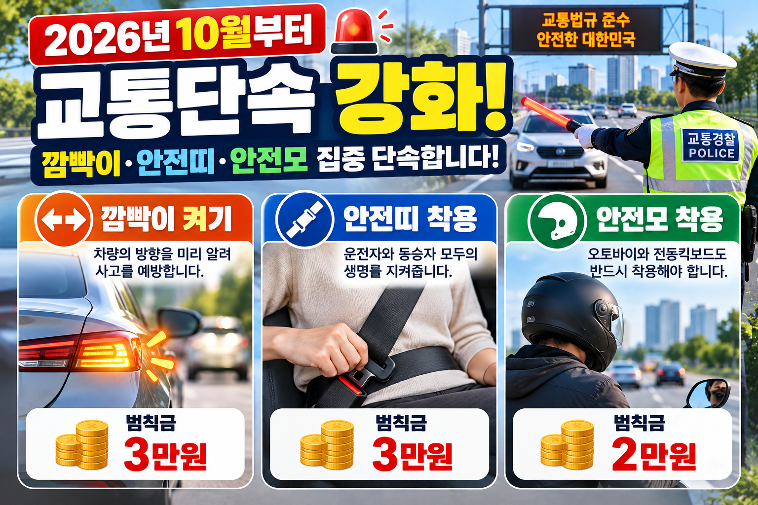 2026년 10월 교통단속 강화, 깜빡이&middot;안전띠&middot;안전모 범칙금과 벌점 총정리