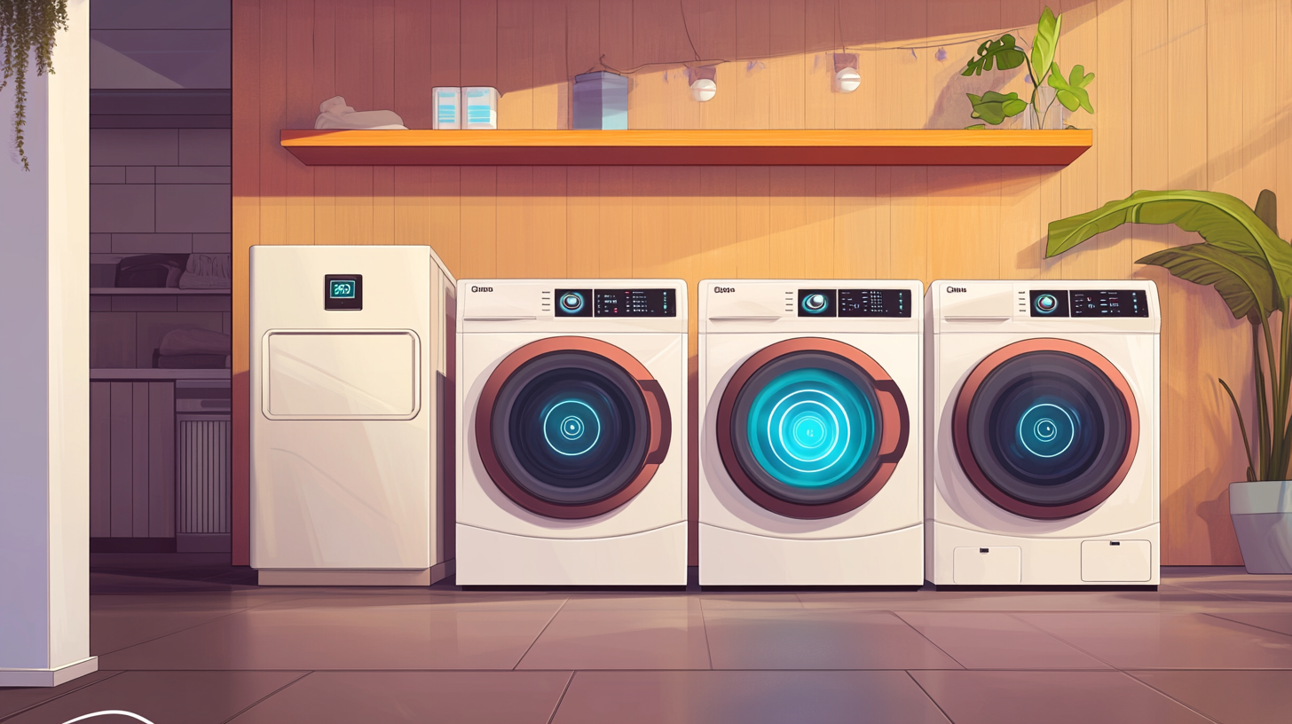 원격 조정이 가능한 스마트 홈 환경에서 세탁과 건조가 이루어지는 장면을 묘사한 일러스트