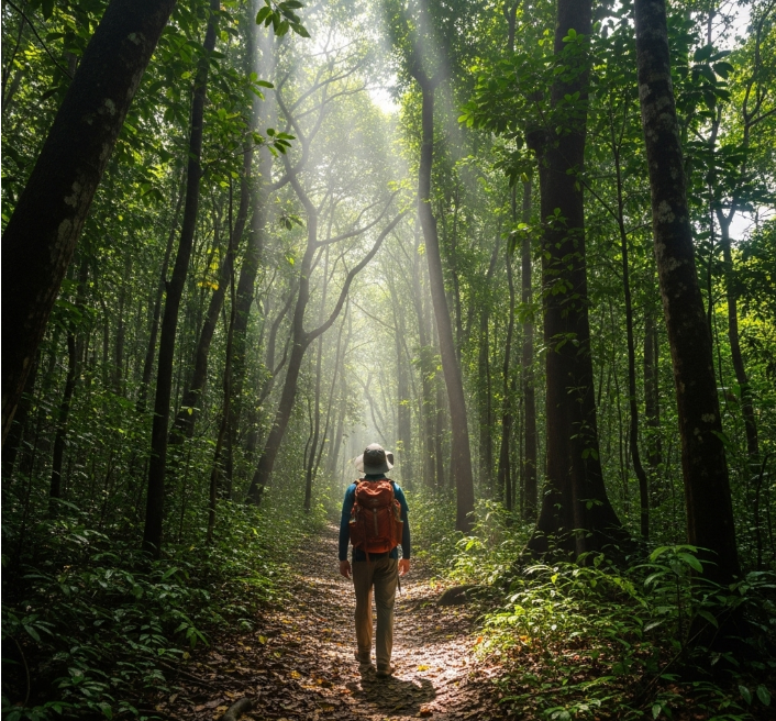 푸꾸옥 국립공원의 울창한 숲길을 걷고 있는 여행자의 뒷모습. 햇살이 나뭇잎 사이로 부서지며 평화로운 분위기를 자아낸다