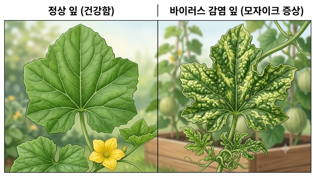 건강한 멜론 잎과 바이러스에 감염되어 얼룩덜룩하고 찌그러진 잎을 대조하여 보여주는 텃밭 진단 삽화