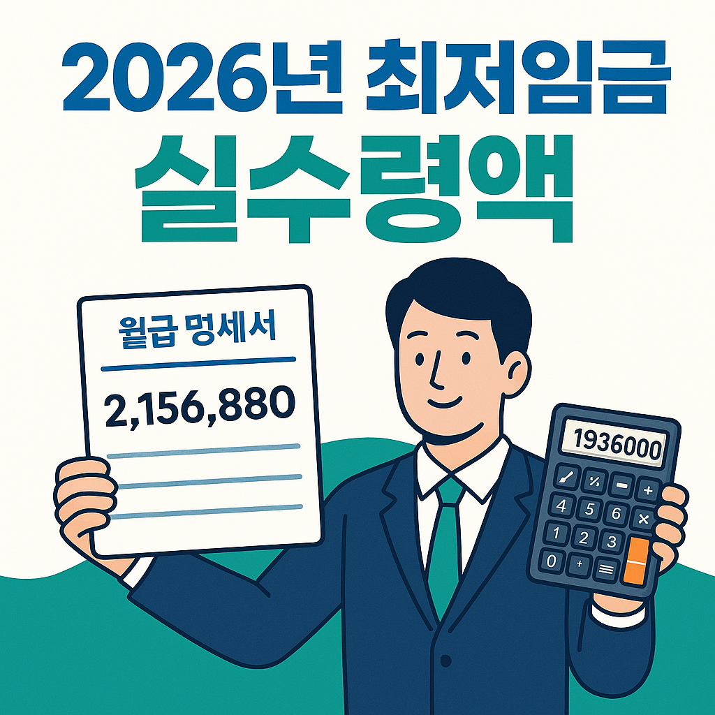 2026년 최저임금 근로자의 실수령액 계산을 주제로, &lsquo;2026년 최저임금 실수령액&rsquo;이라는 문구와 함께 월급 명세서와 계산기를 들고 있는 직장인 일러스트가 배치된 파란색&middot;초록색 계열의 인포그래픽 썸네일 이미지입니다.