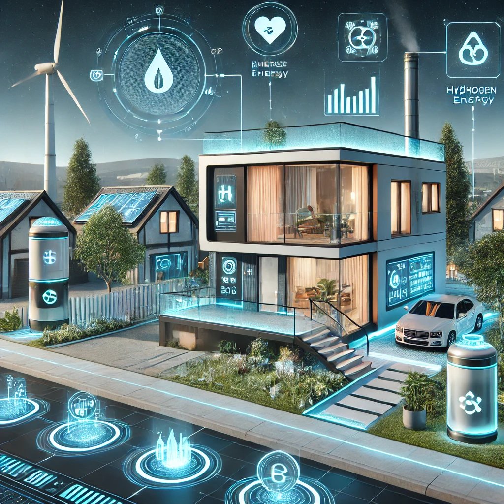 스마트 패널을 통해 실시간 에너지 사용을 조절하고, 수소 연료 전지가 깨끗하고 효율적인 난방을 제공하며, 친환경 주거 단지가 탄소 배출 없이 운영되는 모습