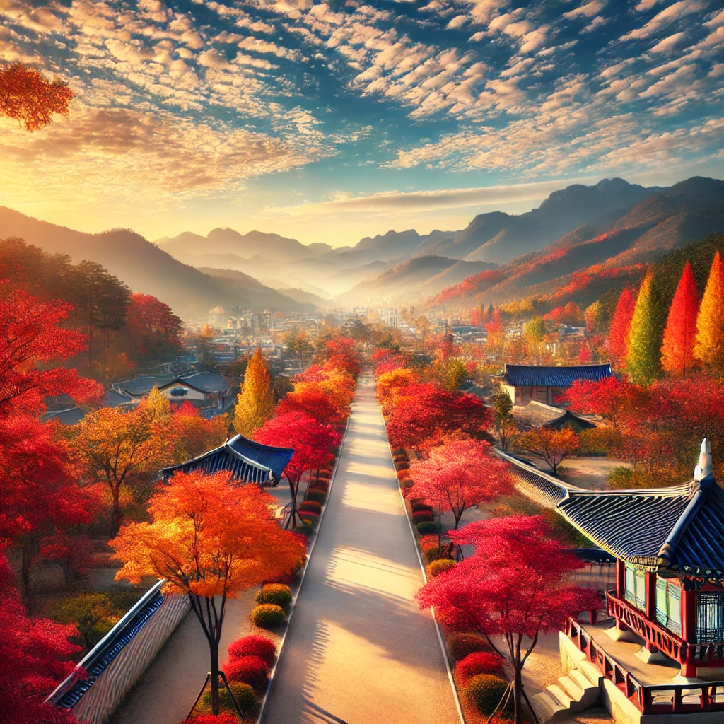 울산의 단풍 명소에서 아름답게 물든 가을 풍경, 산과 푸른 하늘을 배경으로 붉은색, 주황색, 노란색으로 물든 나무들이 공원 산책로를 따라 늘어서 있는 모습