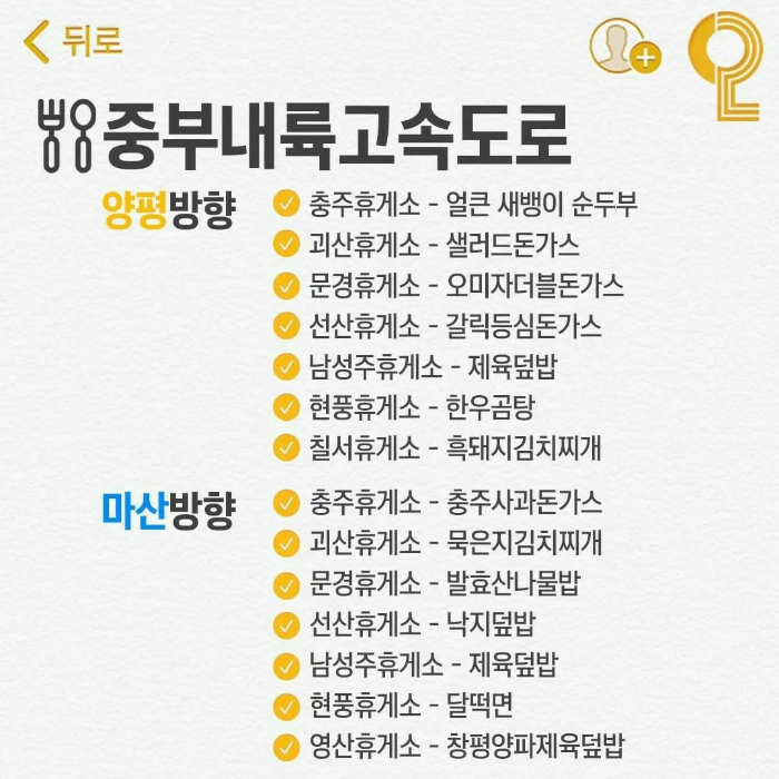경부, 중부내륙, 호남고속도로 휴게소 맛집 List