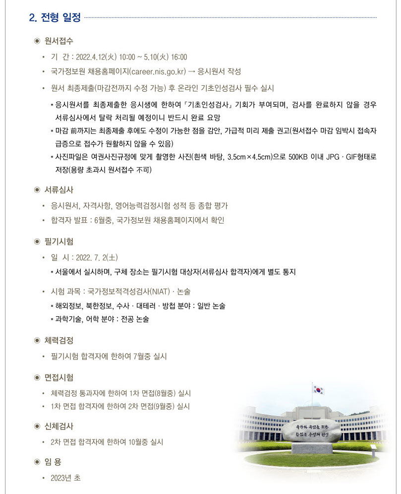 국정원 채용 정보 공고 - 2022년 7급 특정직 공채 전형 일정