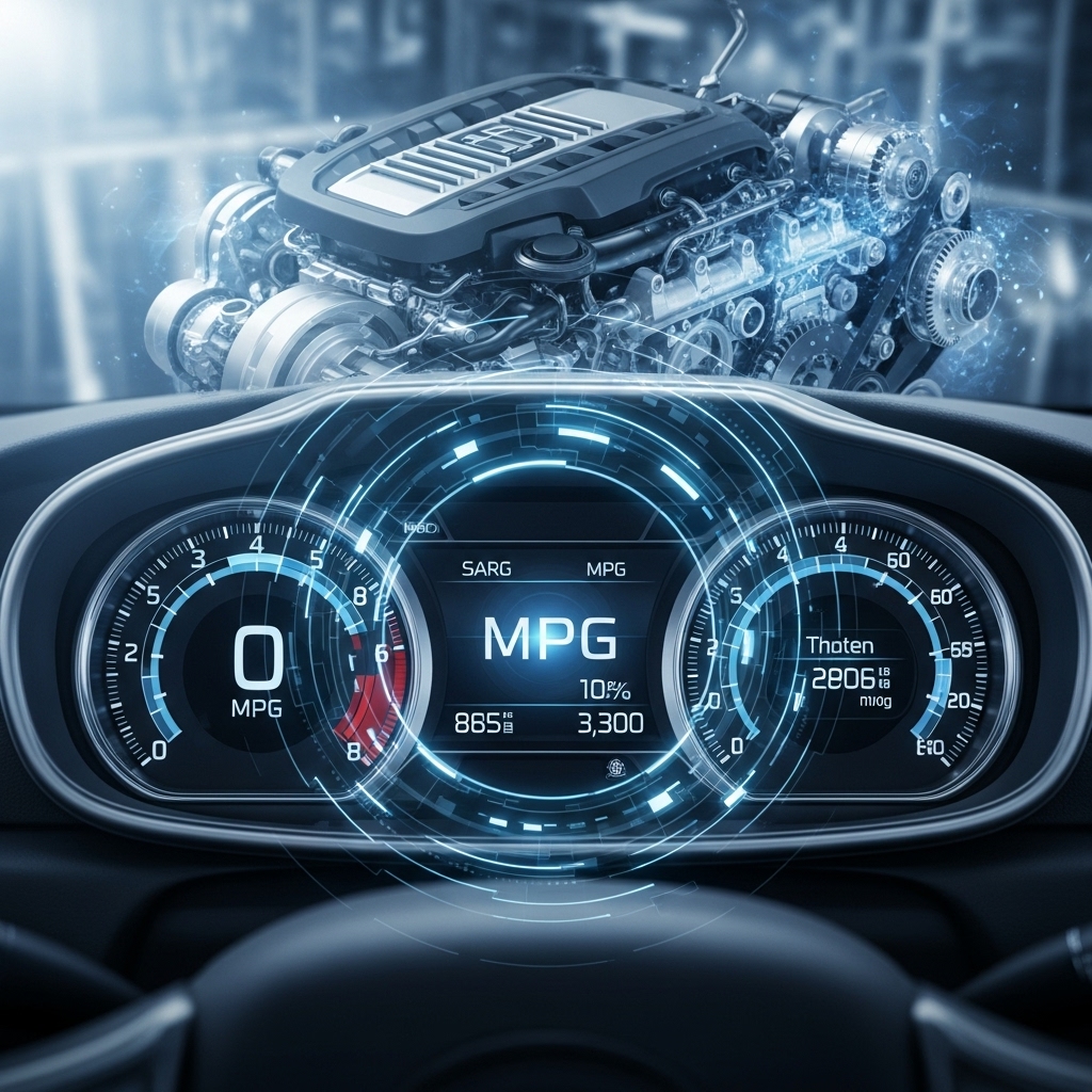 고유가 시대에 연비가 최적화된 미래형 자동차 대시보드와 엔진 부품, 파란색 에너지 효과로 연비 절감 기술을 시각적으로 표현한 이미지