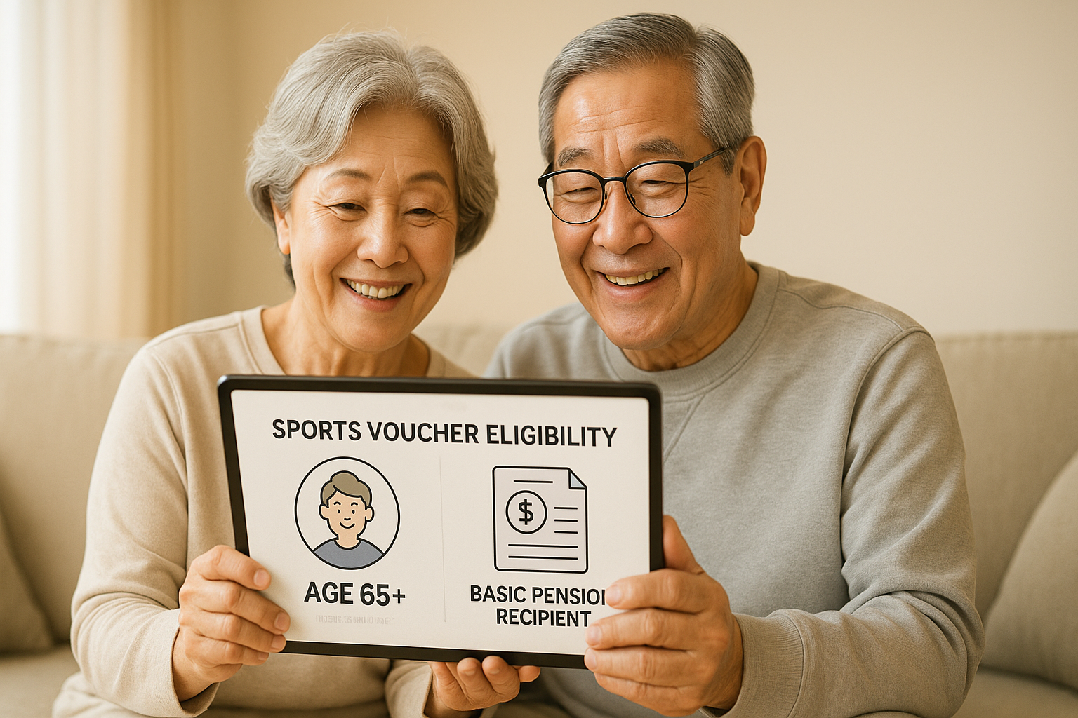 스포츠 바우처 자격 조건을 보여주는 대형 태블릿 화면을 함께 보는 한국인 노부부의 장면