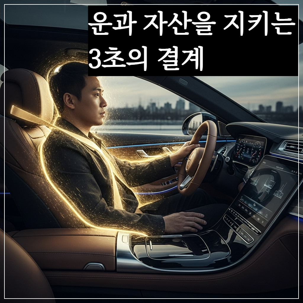 고급스러운 자동차 시트에 앉아 안전벨트를 착용한 운전자의 모습. 안전벨트를 중심으로 황금색의 미세한 에너지 파동이 운전자의 몸을 감싸며 투명한 보호막(Aura)을 형성하고 있는 환상적인 비주얼