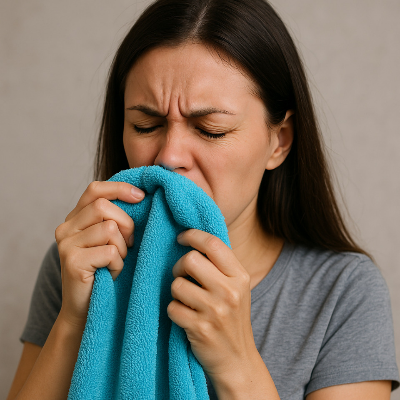 여름철 수건 쉰내를 맡고 찡그리는 여성의 모습