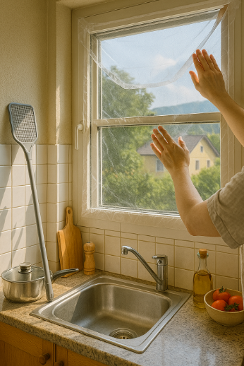 주방 창문에 방충망을 설치하는 모습