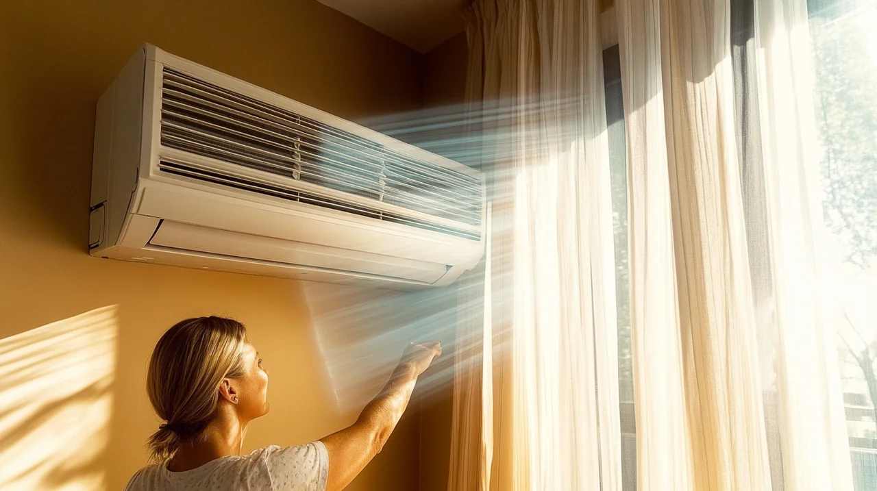 커튼을 살짝 드리운 채 에어컨의 냉방 효과를 극대화하는 장면. 자연광 속에서 실내 온도 조절의 중요성을 강조하면서 세련된 인테리어가 더해집니다.