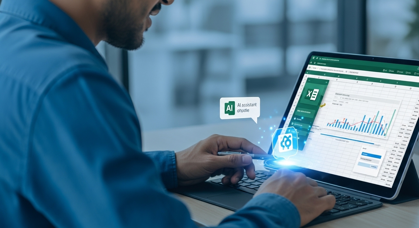 셀 스프레드시트 화면에 AI 코파일럿이 자연어 명령으로 복잡한 차트를 분석하고 있는 모습
