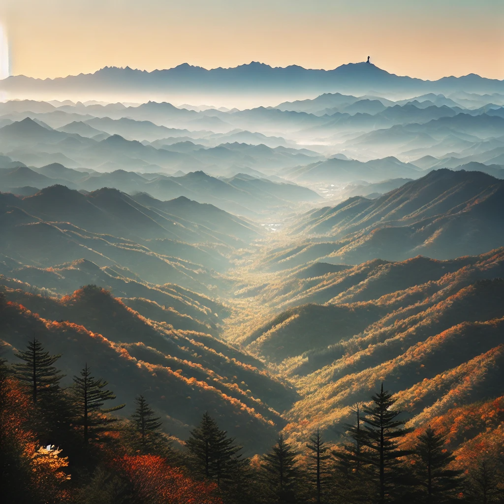 화담숲에서 바라본 가을의 산 풍경, 선명한 단풍과 넓은 하늘이 인상적인 전망