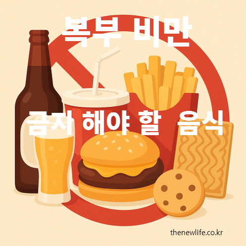 Illustration of foods to avoid for abdominal fat – beer, soda, burger, fries, cookie, processed snacks/복부비만을 피하려면 금지해야 할 음식 – 맥주, 탄산음료, 햄버거, 감자튀김, 쿠키, 가공식품 일러스트