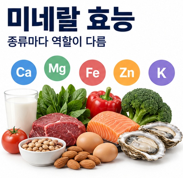 미네랄 효능과 칼슘 마그네슘 철 아연 칼륨의 주요 역할을 보여주는 건강 영양 이미지
