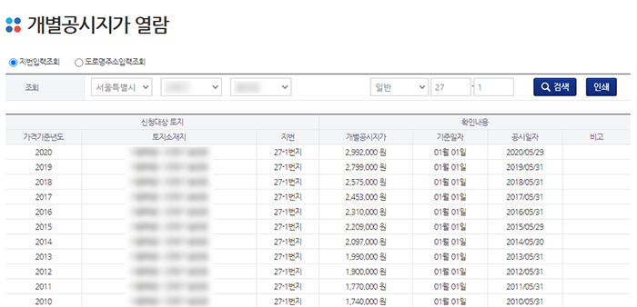 개별공시지가 열람