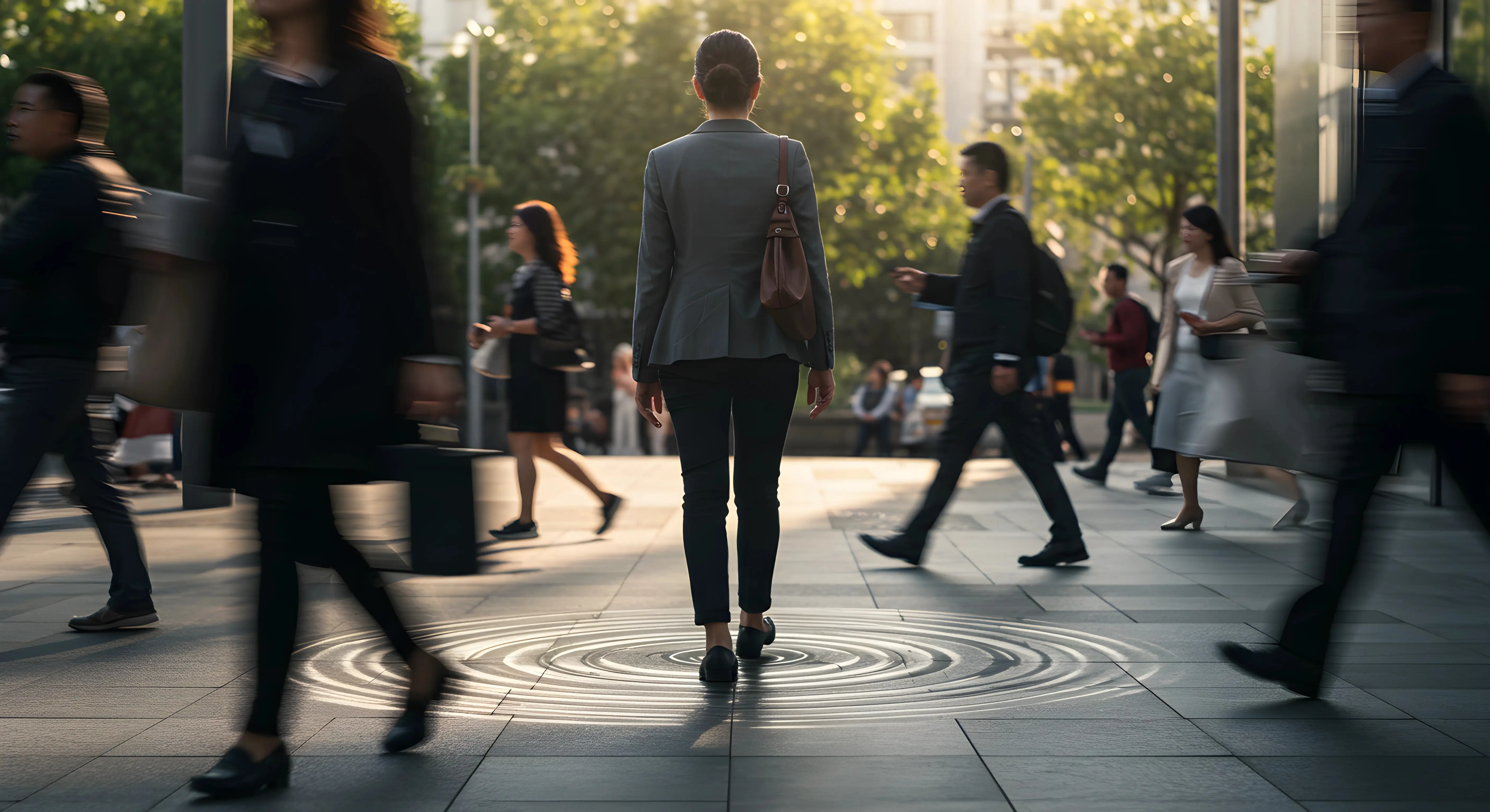 고요한 아침 공원길을 천천히 걷는 한 남성의 뒷모습. 발걸음에 집중하며 마음의 평화를 찾고 있다.