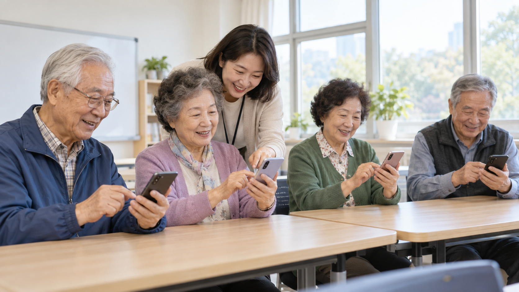 밝은 교실에서 스마트폰 사용법을 배우는 70대 어르신들