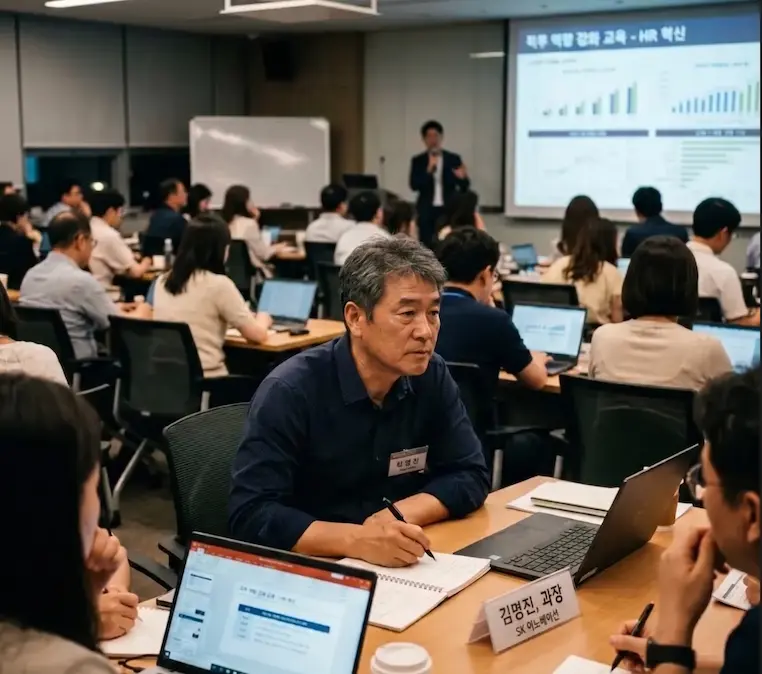 재취업 교육을 듣고 있는 50대 중년의 남자 이미지