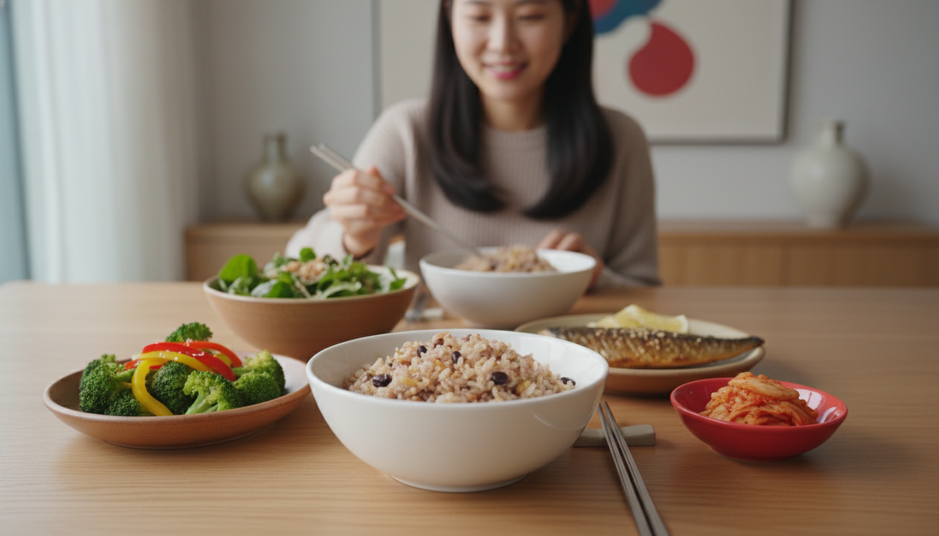 통곡물, 채소, 생선으로 구성된 건강한 저염식 식단.