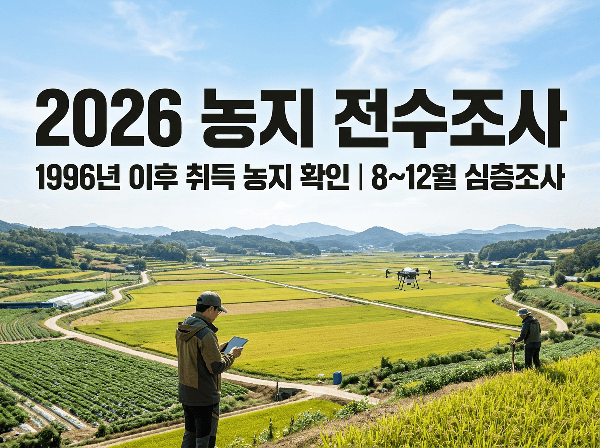 논밭 현장을 살펴보는 조사원과 2026 농지 전수조사 안내 문구