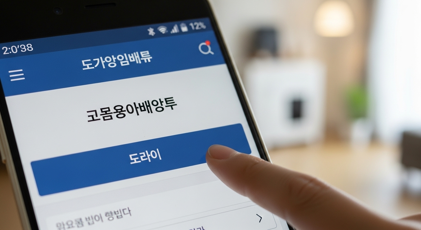 스마트폰 화면에 '폐가전 무상 방문 수거' 앱이나 웹사이트가 보이고, '신청하기' 버튼을 누르려는 손가락이 있는 모습. 온라인 신청 과정을 보여주는 이미지.