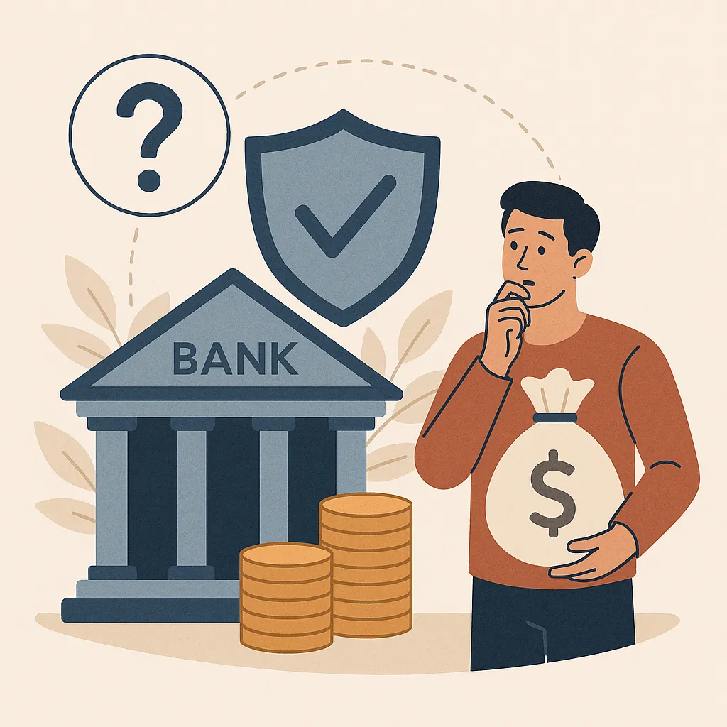 예금자-보호한도를-상징하는-은행-건물과-보호-방패-그리고-돈을-들고-고민하는-남성의-모습-금융-안정성과-보호-제도의-중요성을-표현한-장면