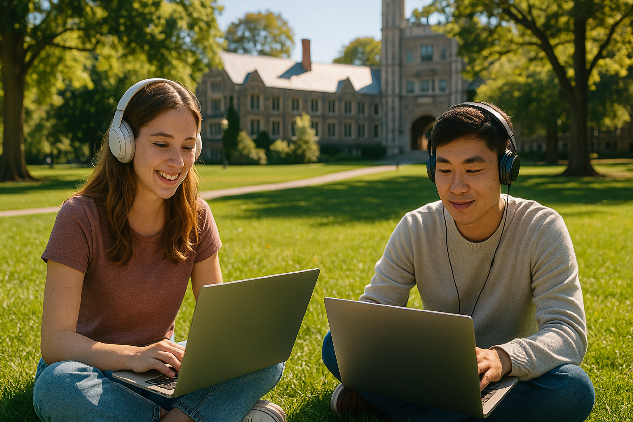 대학 캠퍼스에서 AI 튜터와 챗봇을 통해 학습하고 있는 대학생들의 모습