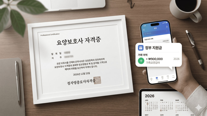 요양보호사 자격증과 가족요양급여 입금 알림이 표시된 스마트폰 레이아웃