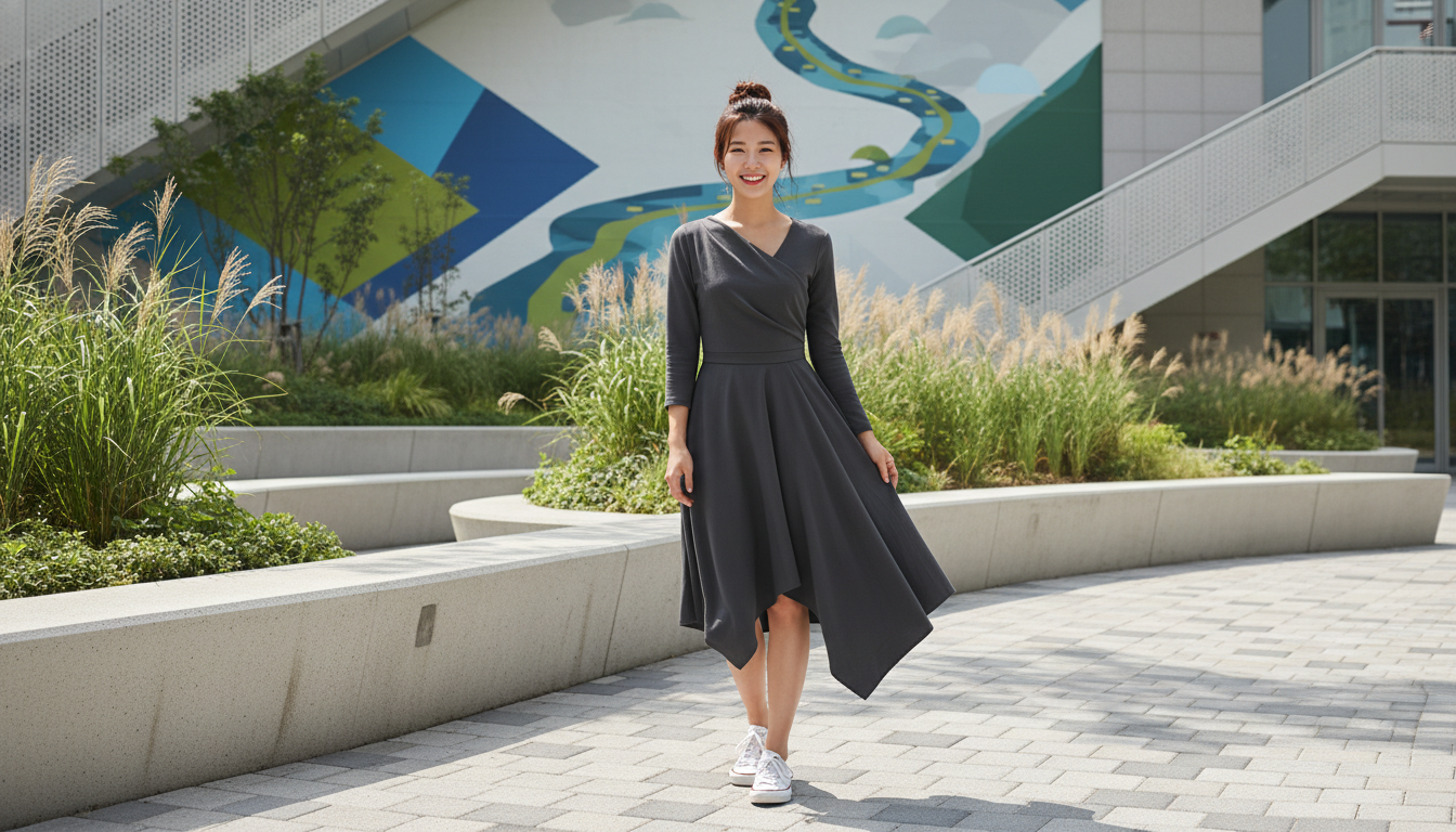 한국 여성이 제로 웨이스트 비대칭 드레스와 스니커즈로 개성 있는 도시 데일리룩을 연출한 모습