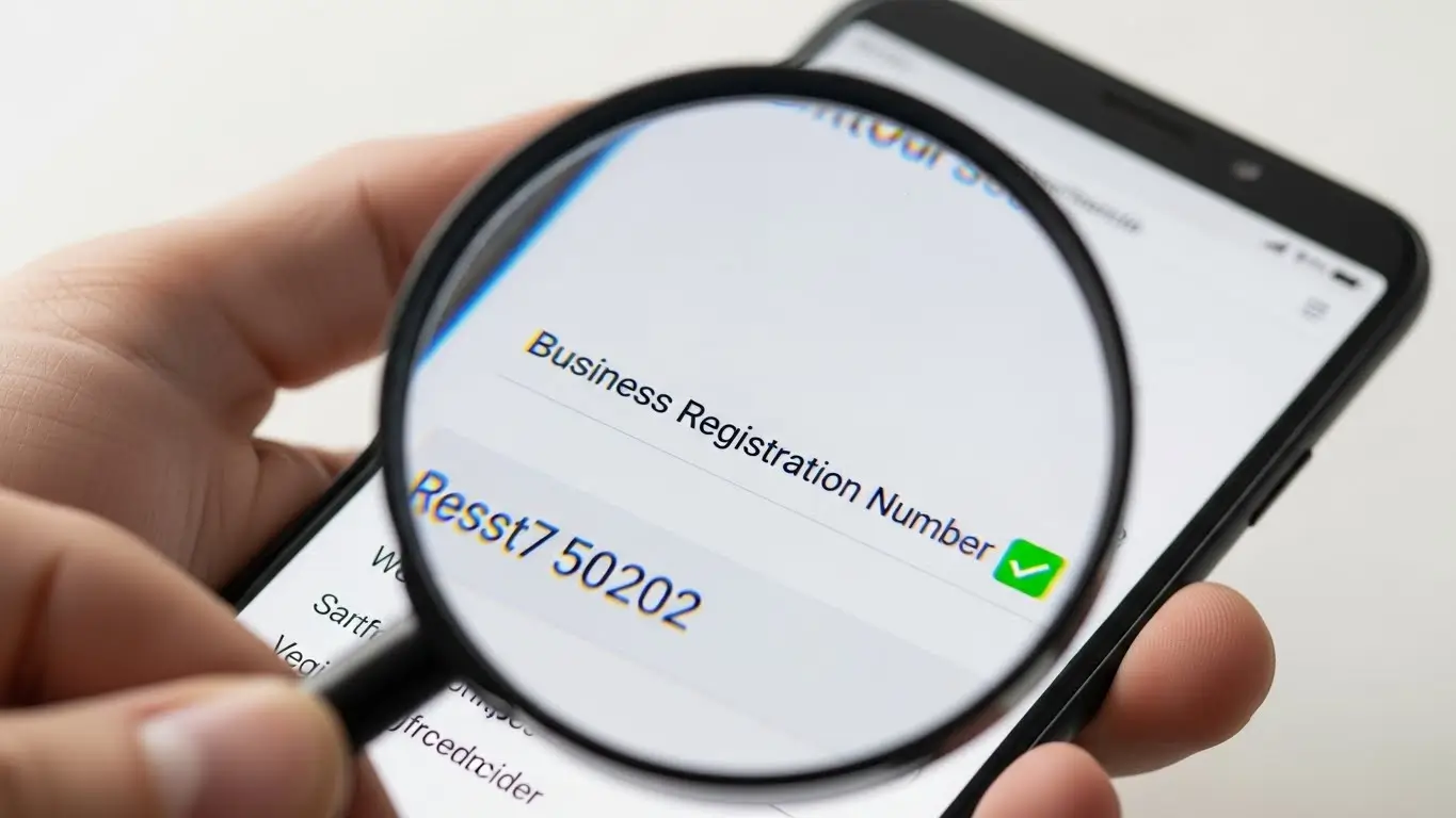 사업자 등록증을 확인하며 안전한 정식 등록 업체인지 검증하는 신중한 사용자의 모습
