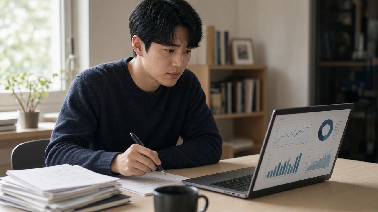 노트북 화면의 데이터 차트를 보며 개념을 정리하는 20대 한국인 남성