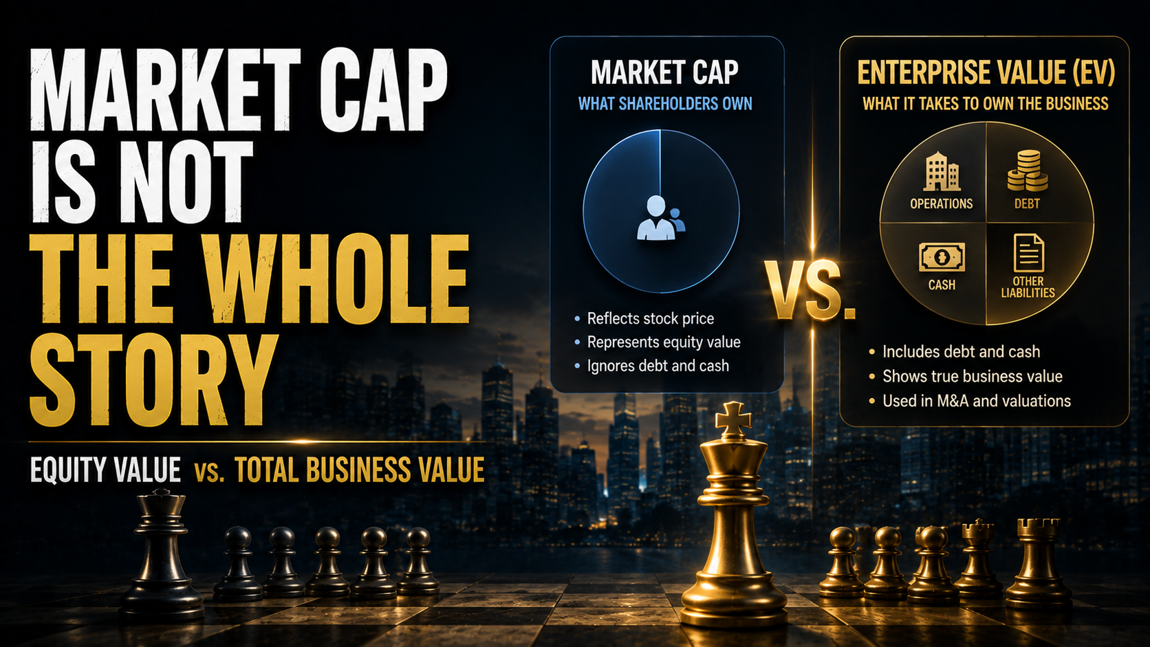 Comparison of Market Cap and Enterprise Value showing the difference between shareholder value and total business value.