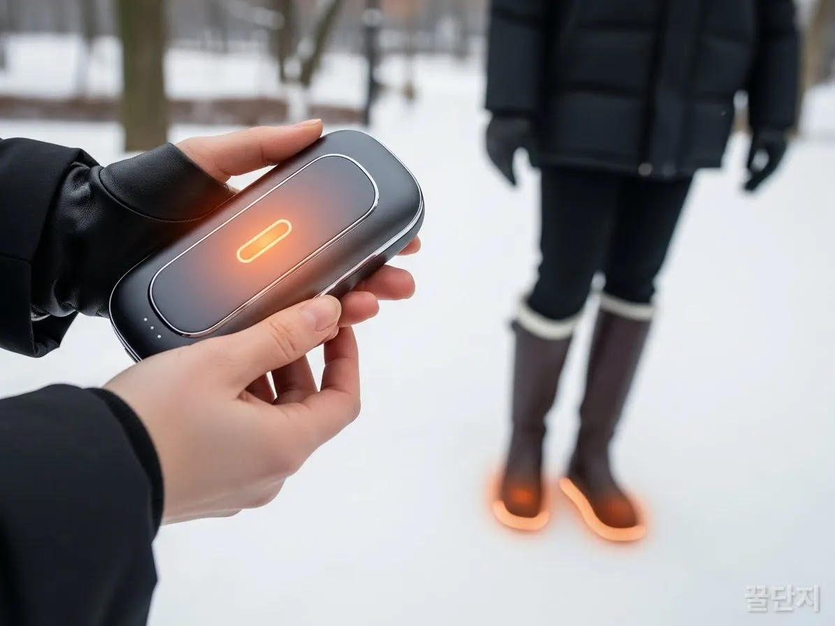 충전식 손난로를 들고 눈 오는 서울 공원을 걷는 모습