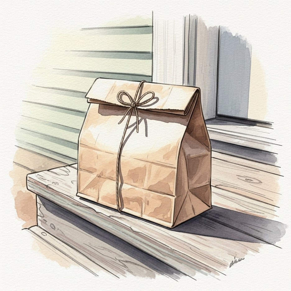 집 앞에 도착한 종이 쇼핑백이 놓인 모습