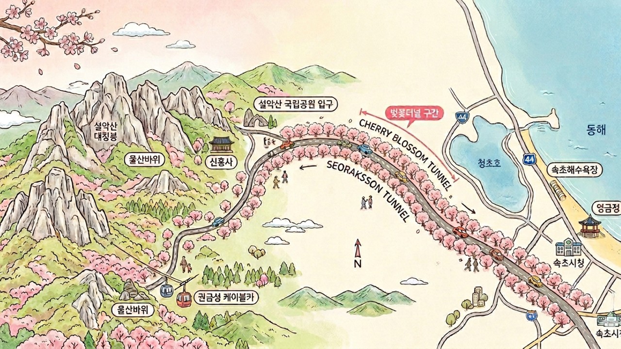 설악산 진입로의 벚꽃터널 구간과 울산바위, 신흥사, 속초 시내 주요 명소가 그려진 수채화풍의 일러스트 지도.