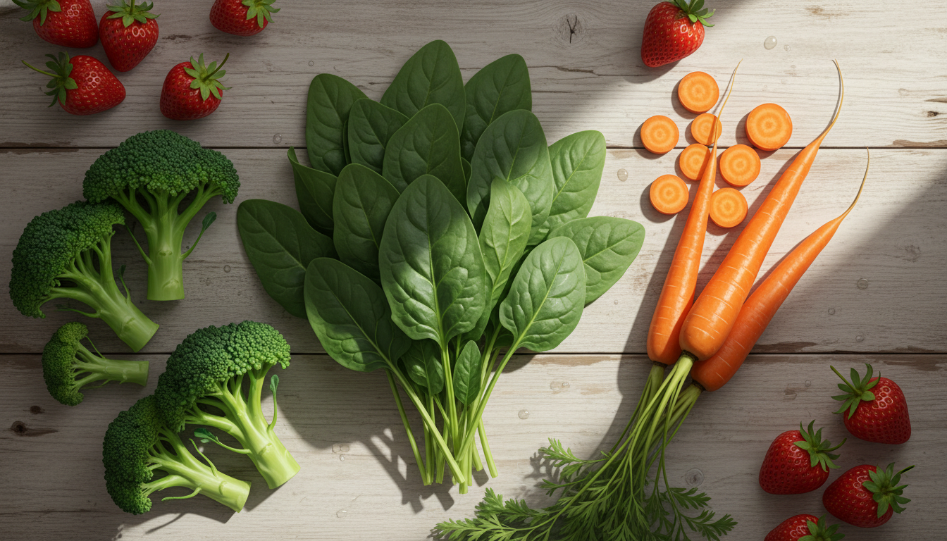 신선한 시금치, 당근, 딸기 등 궁합이 좋은 다양한 농산물이 나무 테이블 위에 놓인 모습