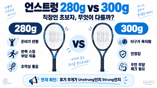 테니스 라켓 무게 언스트렁 280g vs 300g, 직장인 남녀는 어떤 기준으로 골라야 할까?