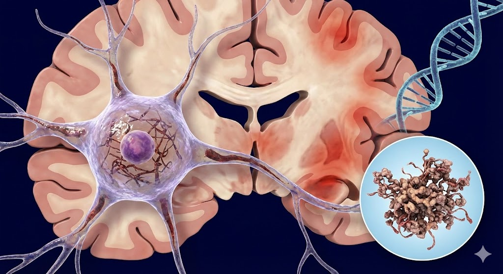 타우 단백질 엉킴과 뇌 단면 및 DNA 구조를 보여주는 의학적 일러스트