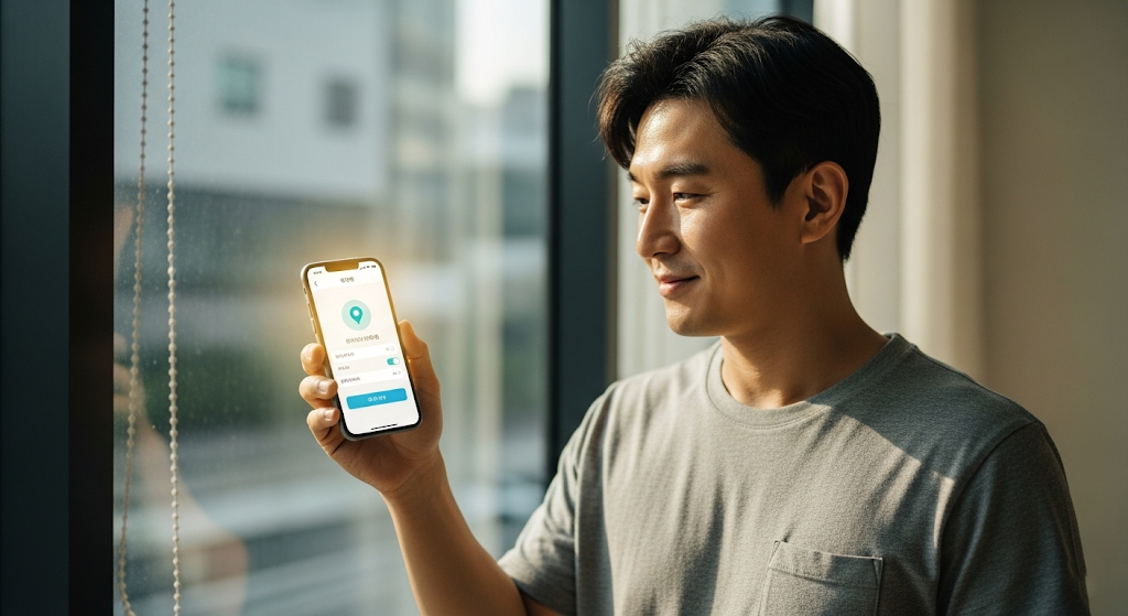 창가에서 스마트폰 GPS 설정을 열고 '위치 권한'을 활성화 중인 한국 남성
