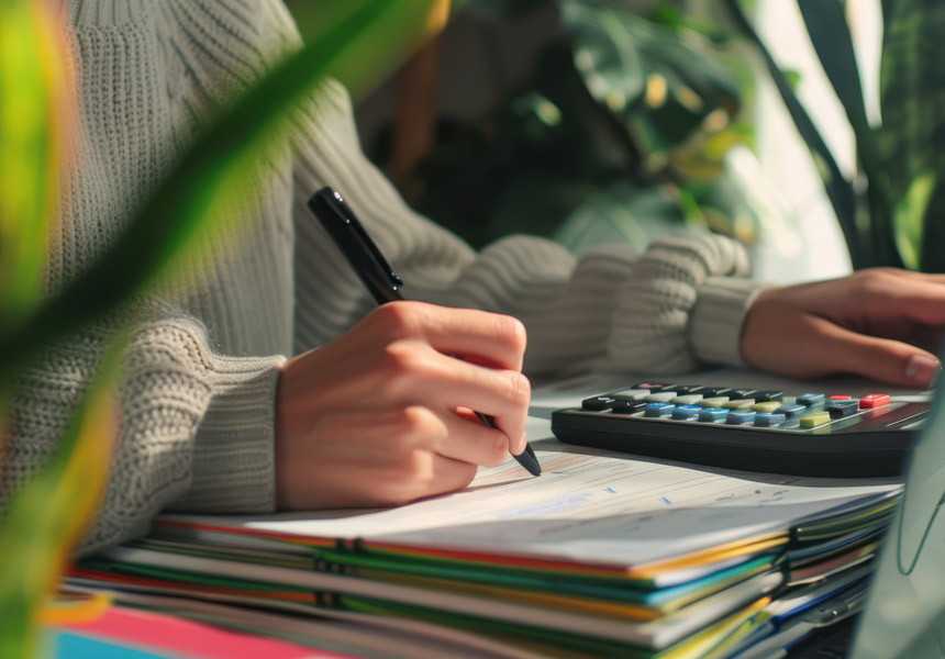 가계부에 소비 내역을 기록하며 현금흐름을 점검하는 모습