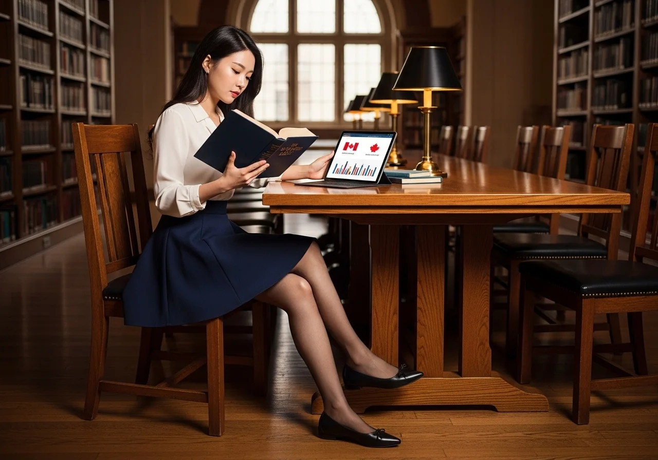 도서관 책상 앞에 앉아 책과 태블릿 화면의 차트를 비교하며 진로를 고민하는 여성