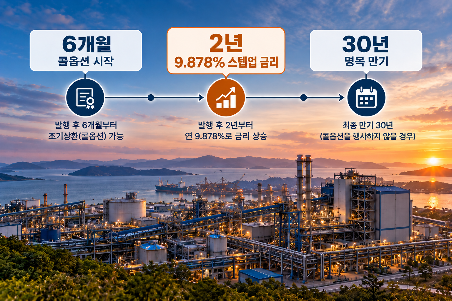 에코프로 신종자본증권의 6개월 콜옵션, 2년 9.878% 스텝업, 30년 명목 만기를 나타낸 타임라인